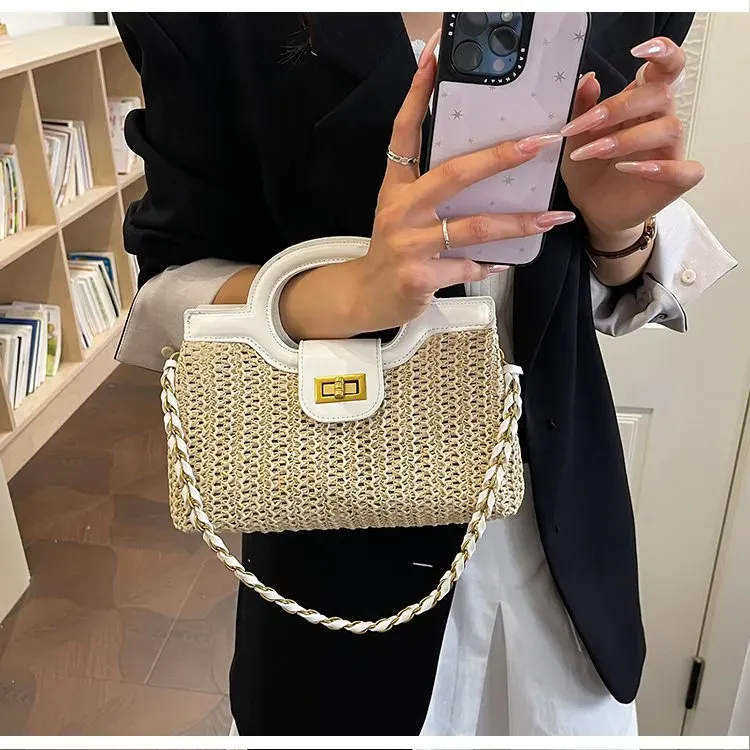 Tas Selempang Wanita Bahan PU Sintetis Polos Warna Putih Bentuk Kotak Tali untuk Jualan Online