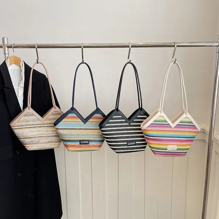 Tas Selempang Wanita Bahan PU Sintetis Motif Garis Warna Biru Bentuk Kotak Tali Grosir Import