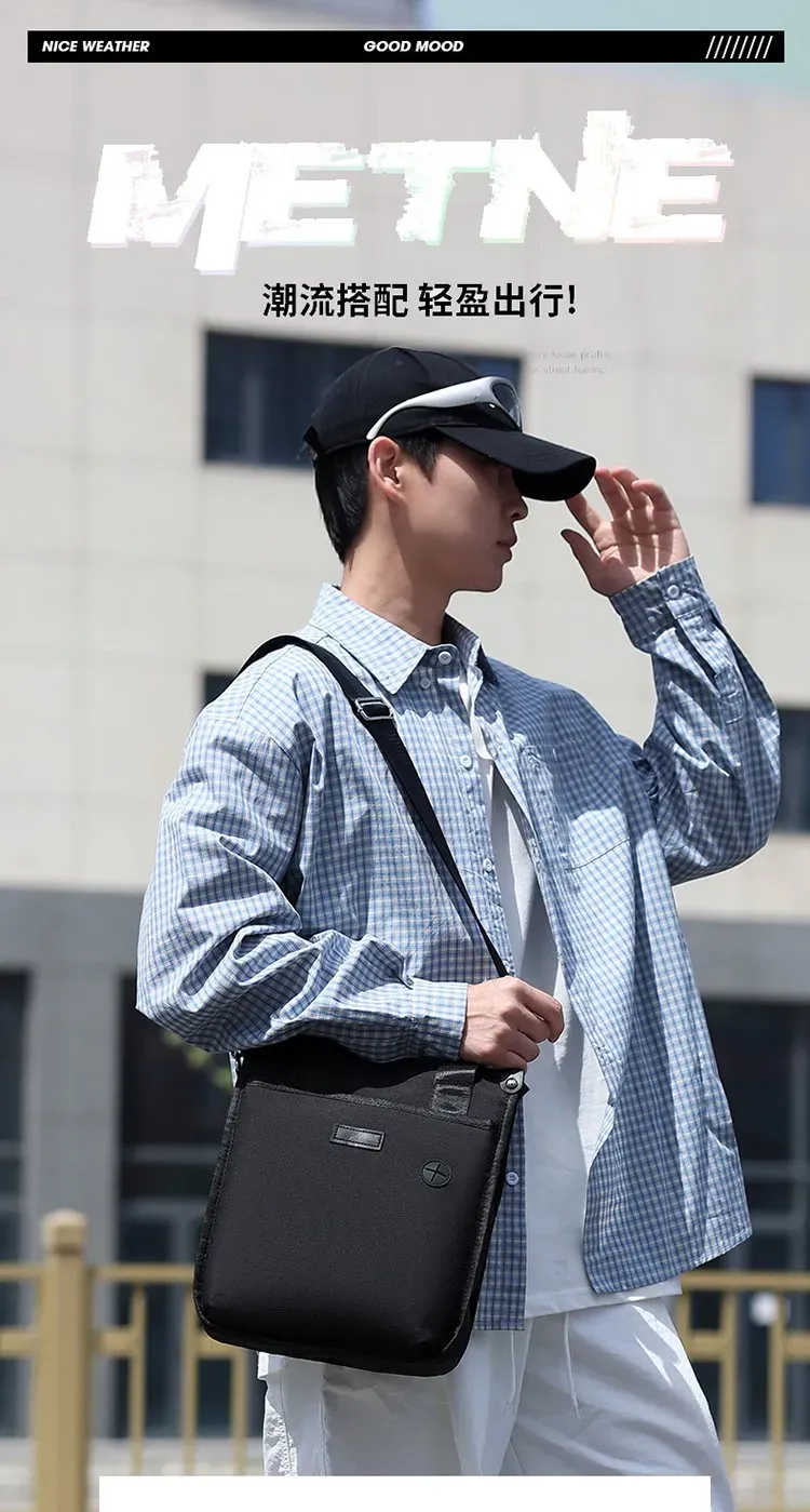 Tas Selempang Pria Bahan Nylon Polos Warna Hitam Bentuk Kotak Tali Panjang untuk Reseller