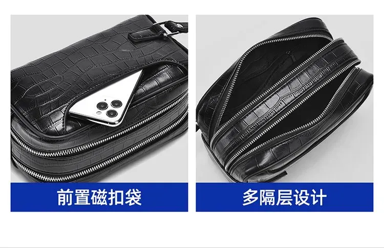 Tas Selempang Pria Bahan PU Sintetis Motif Kadal Warna Hitam Bentuk Kotak Tali Grosir Import