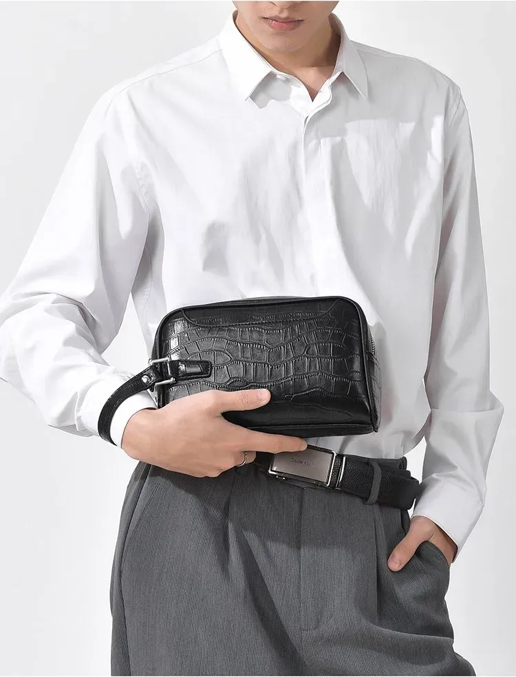 Tas Selempang Pria Bahan PU Sintetis Motif Kadal Warna Hitam Bentuk Kotak Tali Grosir Import