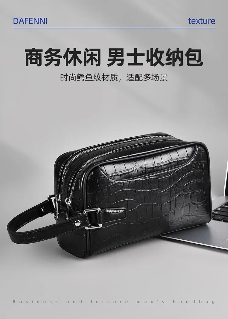 Tas Selempang Pria Bahan PU Sintetis Motif Kadal Warna Hitam Bentuk Kotak Tali Grosir Import