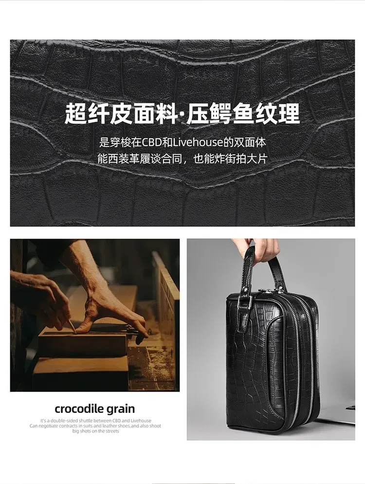 Tas Selempang Pria Bahan PU Sintetis Motif Kadal Warna Hitam Bentuk Kotak Tali Grosir Import