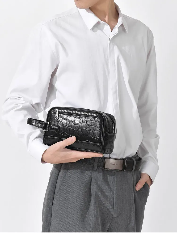 Tas Selempang Pria Bahan PU Sintetis Motif Kadal Warna Hitam Bentuk Kotak Tali Grosir Import