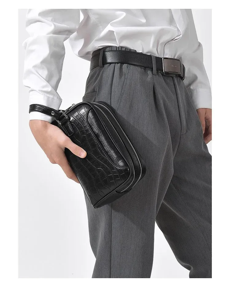 Tas Selempang Pria Bahan PU Sintetis Motif Kadal Warna Hitam Bentuk Kotak Tali Grosir Import