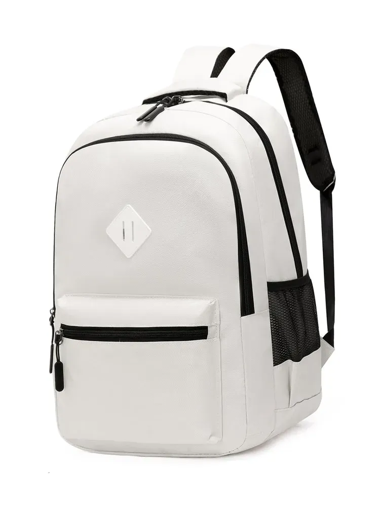 Tas Ransel Wanita Bahan Nylon Polos Warna Putih Bentuk Kotak Tali Lebar Resleting Bahan PU