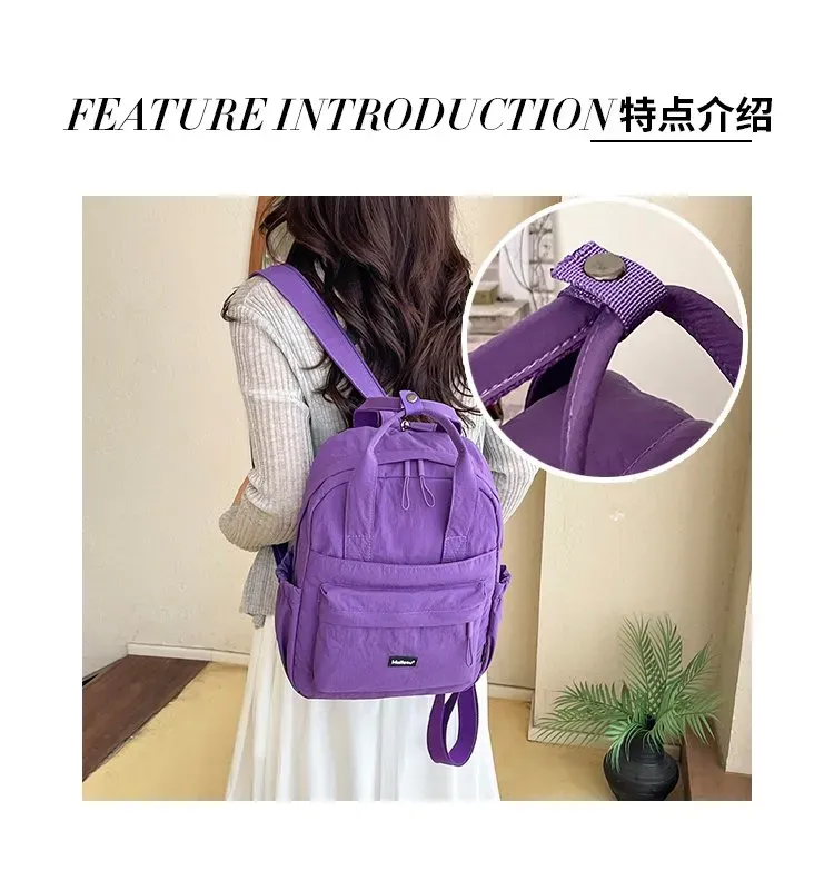 Tas Ransel Wanita Bahan Nylon Polos Warna Ungu Bentuk Kotak Tali Lebar Resleting untuk Jualan
