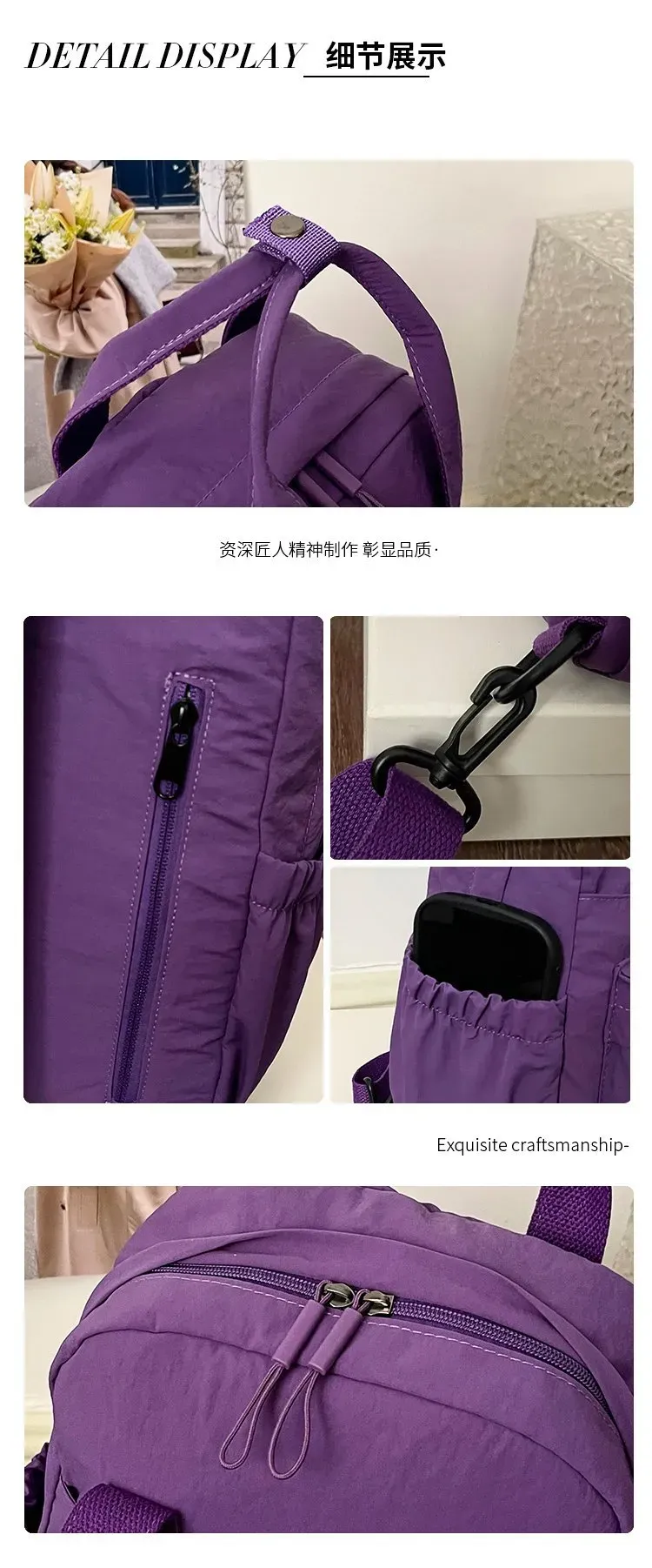 Tas Ransel Wanita Bahan Nylon Polos Warna Ungu Bentuk Kotak Tali Lebar Resleting untuk Jualan