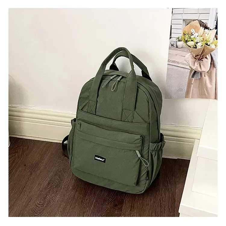 Tas Ransel Wanita Bahan Nylon Polos Warna Ungu Bentuk Kotak Tali Lebar Resleting untuk Jualan