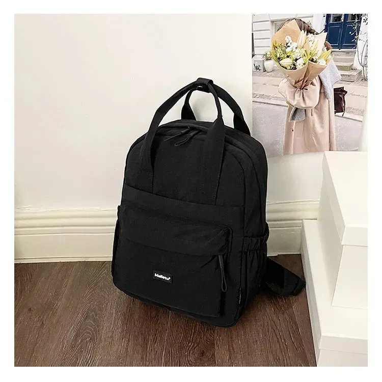 Tas Ransel Wanita Bahan Nylon Polos Warna Ungu Bentuk Kotak Tali Lebar Resleting untuk Jualan
