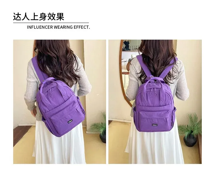 Tas Ransel Wanita Bahan Nylon Polos Warna Ungu Bentuk Kotak Tali Lebar Resleting untuk Jualan