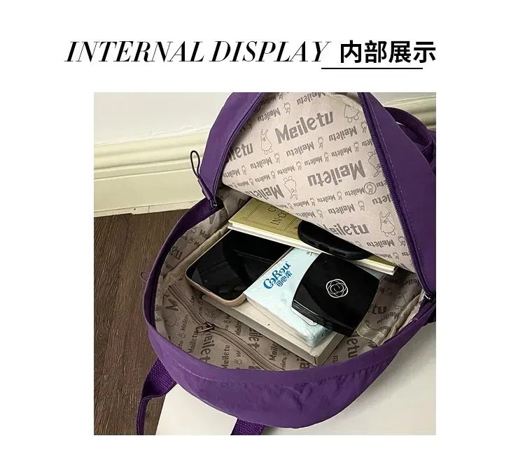 Tas Ransel Wanita Bahan Nylon Polos Warna Ungu Bentuk Kotak Tali Lebar Resleting untuk Jualan