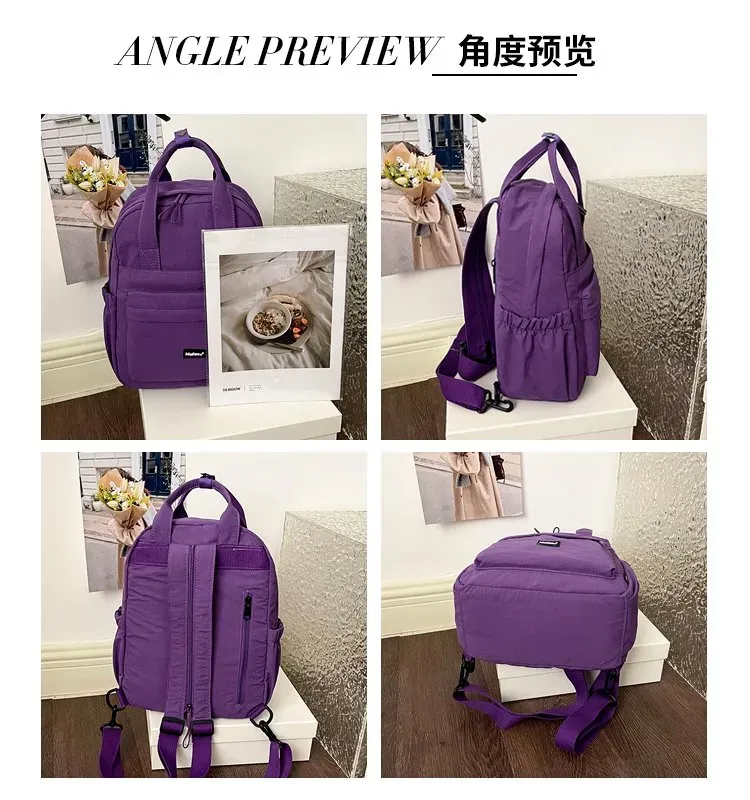 Tas Ransel Wanita Bahan Nylon Polos Warna Ungu Bentuk Kotak Tali Lebar Resleting untuk Jualan
