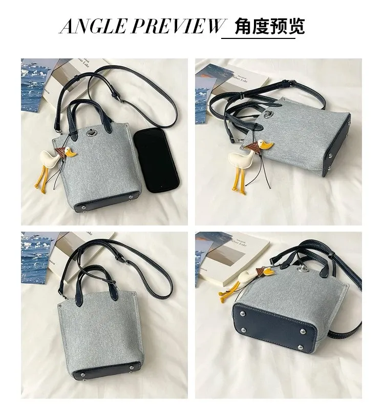 Tas Selempang Wanita Bahan PU Sintetis Polos Warna Biru Bentuk Kotak Tali Bahan Denim Grosir