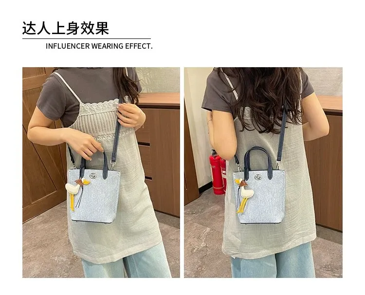 Tas Selempang Wanita Bahan PU Sintetis Polos Warna Biru Bentuk Kotak Tali Bahan Denim Grosir