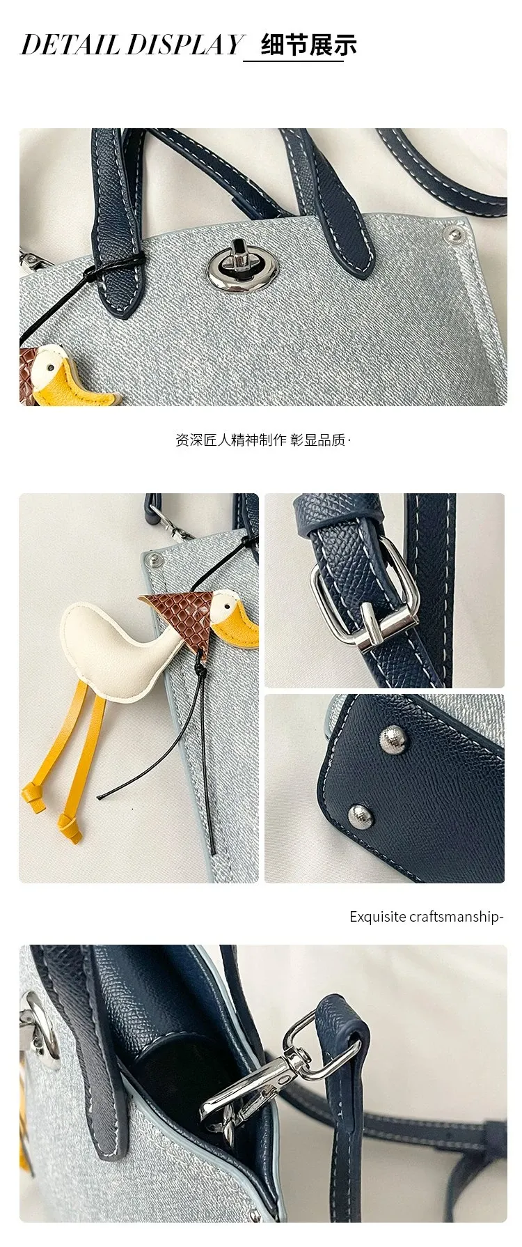 Tas Selempang Wanita Bahan PU Sintetis Polos Warna Biru Bentuk Kotak Tali Bahan Denim Grosir