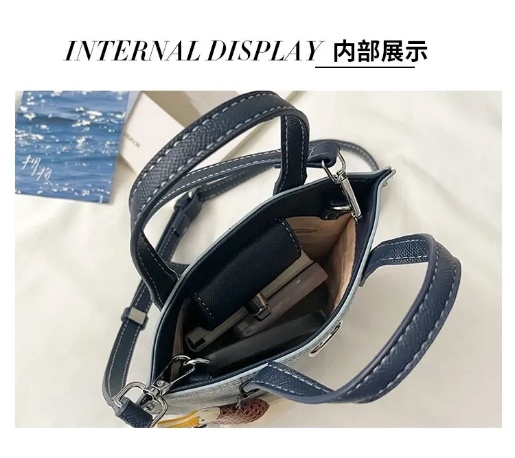 Tas Selempang Wanita Bahan PU Sintetis Polos Warna Biru Bentuk Kotak Tali Bahan Denim Grosir