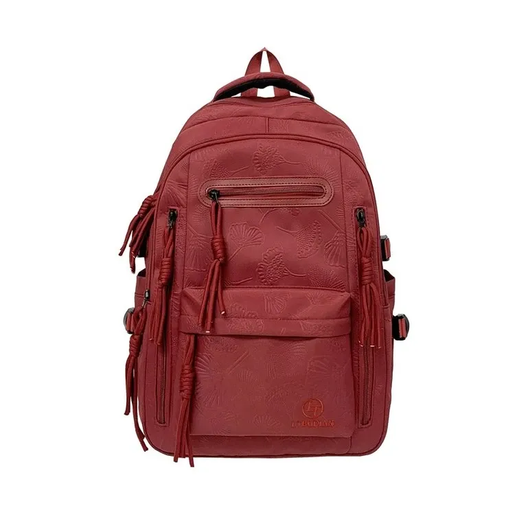 Tas Ransel Wanita Bahan Nylon Motif Print Warna Merah Bentuk Kotak Tali Lebar Grosir Import