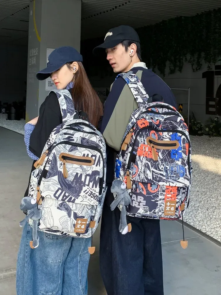 Tas Ransel Wanita Bahan PU Sintetis Motif Print Warna Hitam Bentuk Kotak Tali Dengan Gantungan