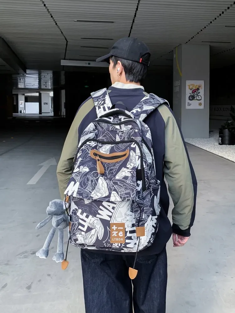 Tas Ransel Wanita Bahan PU Sintetis Motif Print Warna Hitam Bentuk Kotak Tali Dengan Gantungan