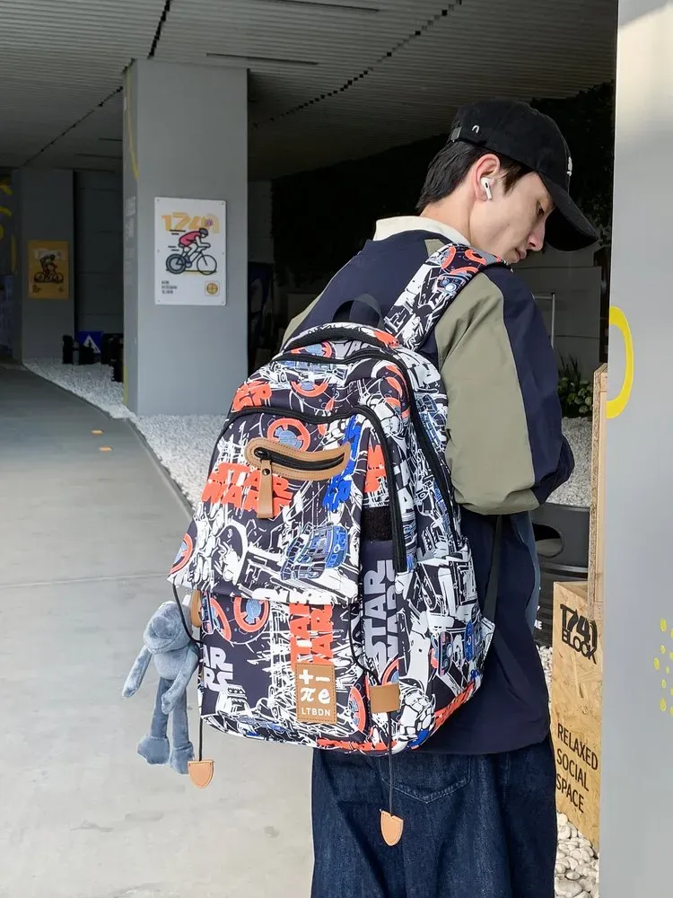 Tas Ransel Wanita Bahan PU Sintetis Motif Print Warna Hitam Bentuk Kotak Tali Dengan Gantungan