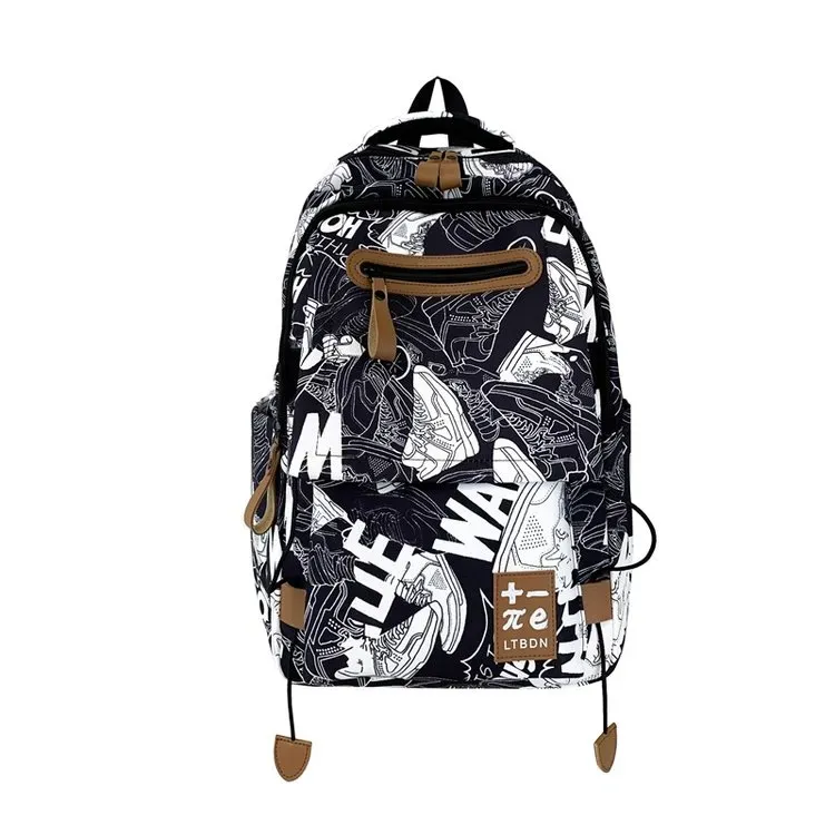 Tas Ransel Wanita Bahan PU Sintetis Motif Print Warna Hitam Bentuk Kotak Tali Dengan Gantungan