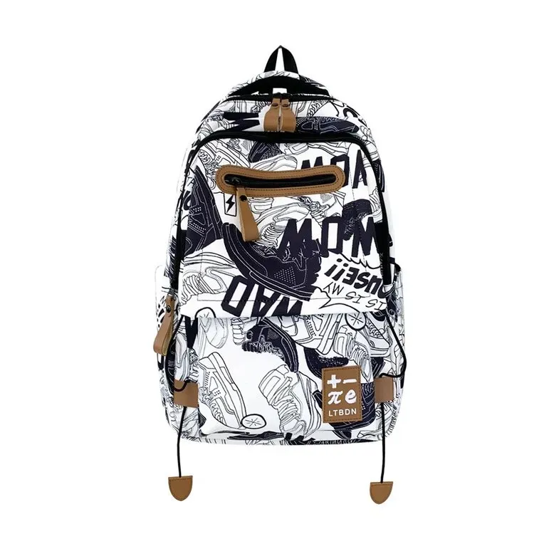 Tas Ransel Wanita Bahan PU Sintetis Motif Print Warna Hitam Bentuk Kotak Tali Dengan Gantungan
