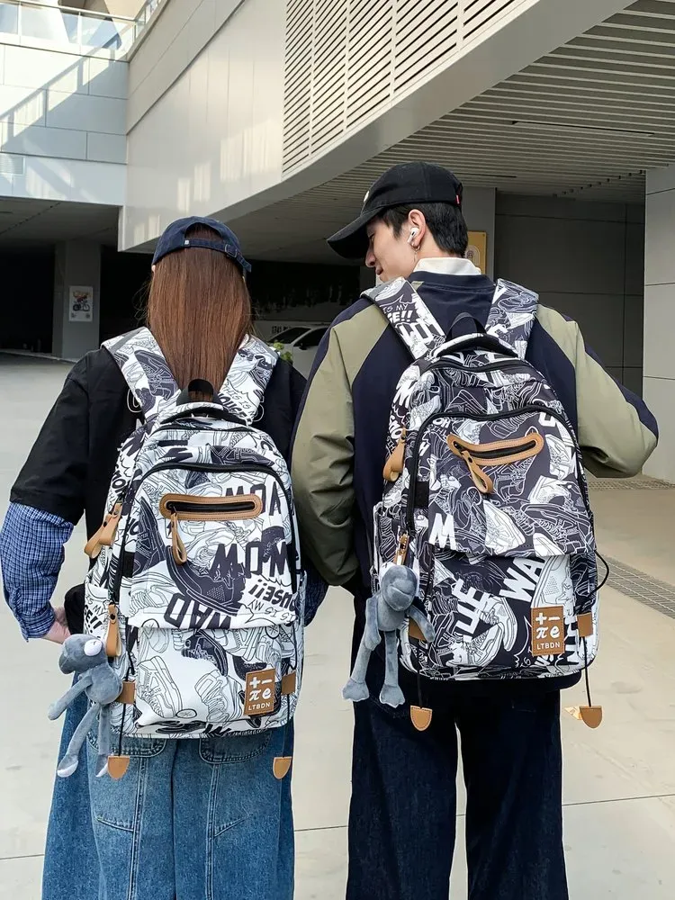 Tas Ransel Wanita Bahan PU Sintetis Motif Print Warna Hitam Bentuk Kotak Tali Dengan Gantungan