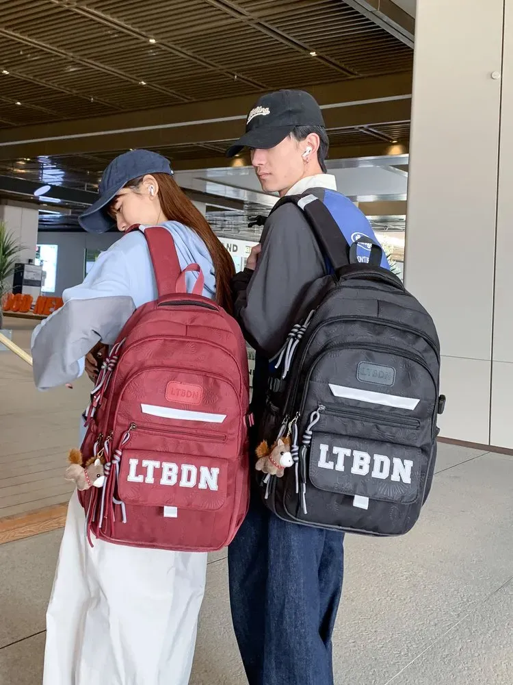 Tas Ransel Wanita Bahan Nylon Polos Warna Hitam Bentuk Kotak Tali Lebar Dengan Gantungan