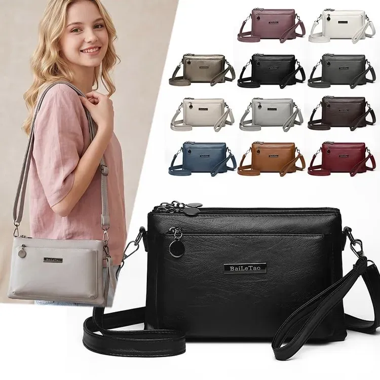 Tas Selempang Wanita Bahan PU Sintetis Polos Bentuk Kotak Tali Lebar Resleting Grosir Import