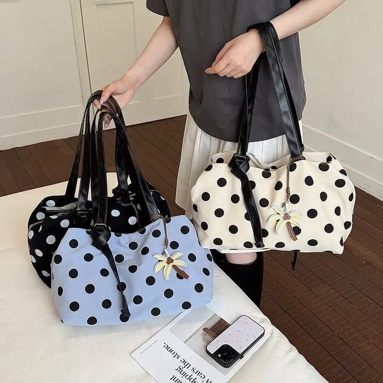 Tas Selempang Wanita Bahan Kanvas Motif Polkadot Warna Hitam Bentuk Kotak Tali Grosir Import