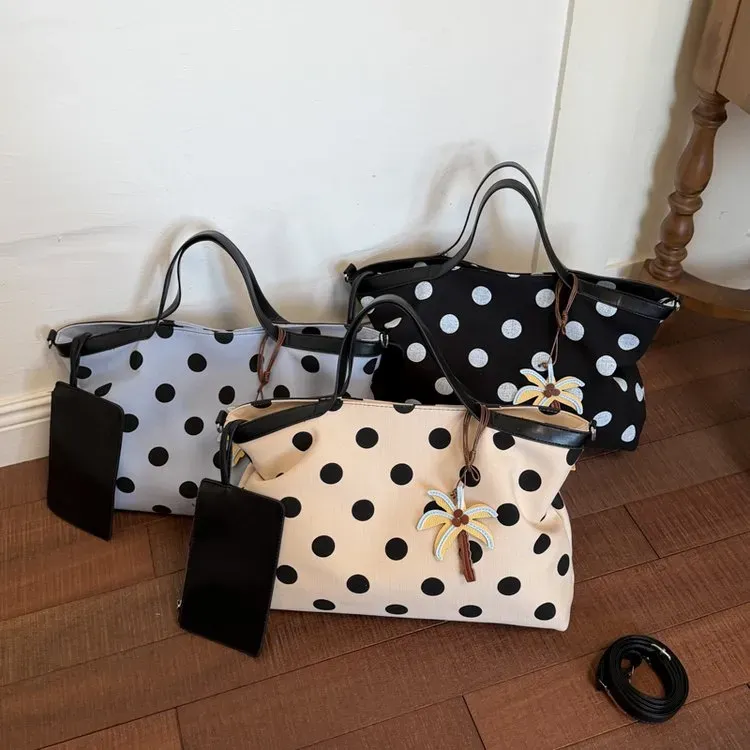 Tas Selempang Wanita Bahan Kanvas Motif Polkadot Warna Hitam Bentuk Kotak Tali Grosir Import