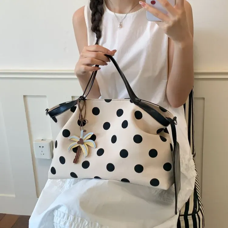 Tas Selempang Wanita Bahan Kanvas Motif Polkadot Warna Hitam Bentuk Kotak Tali Grosir Import