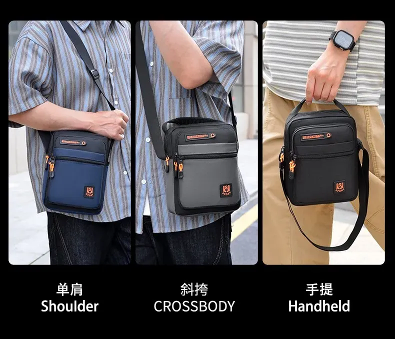 Tas Selempang Pria Bahan Nylon Polos Warna Hitam Bentuk Kotak Tali Panjang Model Import