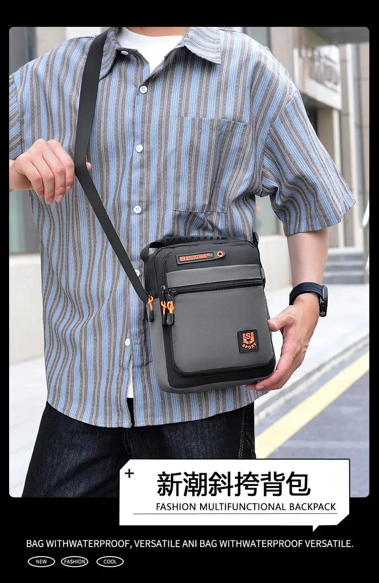 Tas Selempang Pria Bahan Nylon Polos Warna Hitam Bentuk Kotak Tali Panjang Model Import