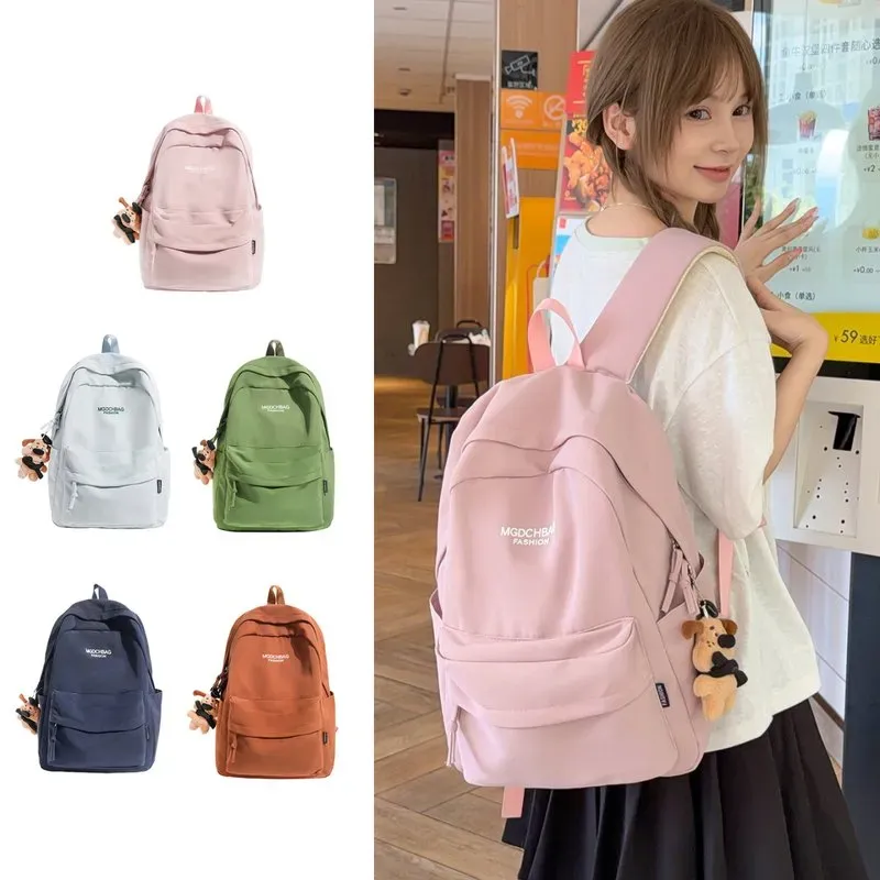 Tas Ransel Wanita Bahan Kain Polos Warna Pink Bentuk Kotak Tali Lebar Resleting Grosir Import