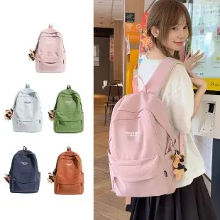 Tas Ransel Wanita Bahan Kain Polos Warna Pink Bentuk Kotak Tali Lebar Resleting Grosir Import