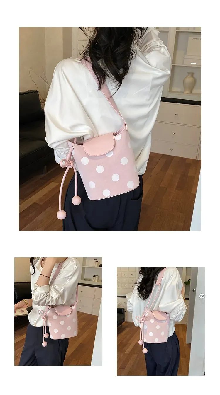 Tas Bucket Wanita Bahan PU Sintetis Motif Polkadot Warna Pink Bentuk Bucket Tali Grosir Import