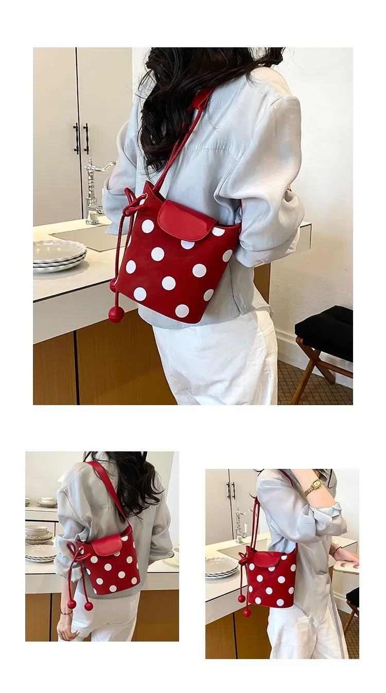 Tas Bucket Wanita Bahan PU Sintetis Motif Polkadot Warna Pink Bentuk Bucket Tali Grosir Import