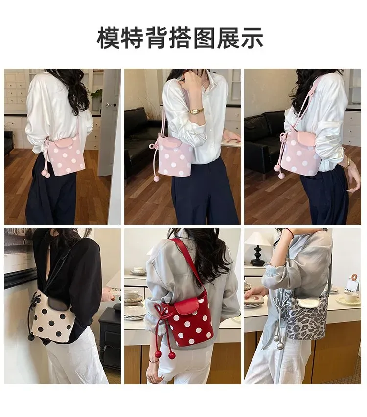 Tas Bucket Wanita Bahan PU Sintetis Motif Polkadot Warna Pink Bentuk Bucket Tali Grosir Import