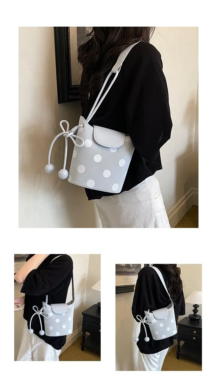 Tas Bucket Wanita Bahan PU Sintetis Motif Polkadot Warna Pink Bentuk Bucket Tali Grosir Import