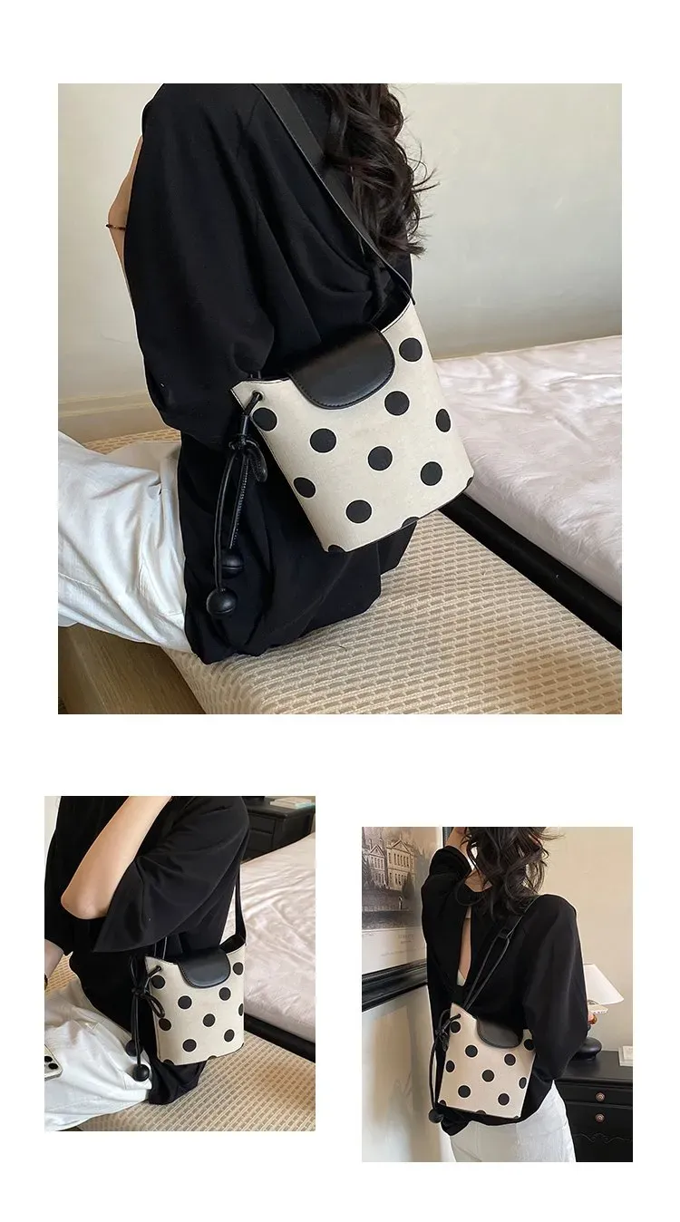 Tas Bucket Wanita Bahan PU Sintetis Motif Polkadot Warna Pink Bentuk Bucket Tali Grosir Import