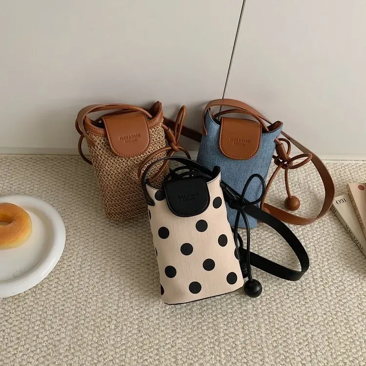Tas Selempang Wanita Bahan PU Sintetis Motif Polkadot Bentuk Kotak Tali Serut Grosir Import