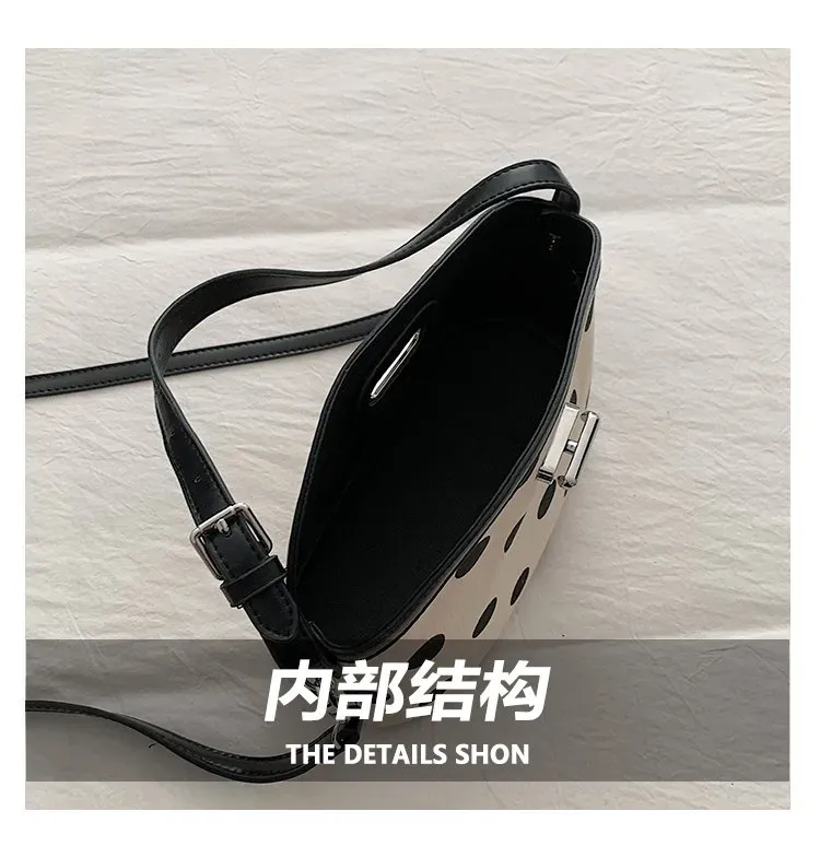 Tas Selempang Wanita Bahan PU Sintetis Motif Polkadot Warna Hitam Bentuk Resleting Grosir