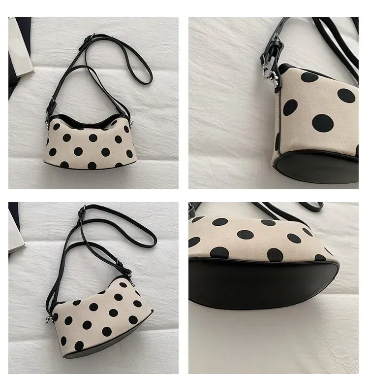 Tas Selempang Wanita Bahan PU Sintetis Motif Polkadot Warna Hitam Bentuk Resleting Grosir