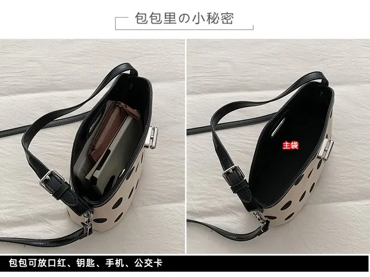 Tas Selempang Wanita Bahan PU Sintetis Motif Polkadot Warna Hitam Bentuk Resleting Grosir