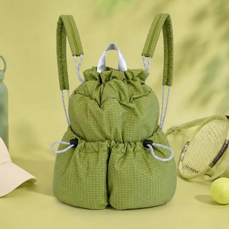 Tas Ransel Wanita Bahan Oxford Motif Grid Warna Hijau Bentuk Bulat Tali Serut Grosir Import