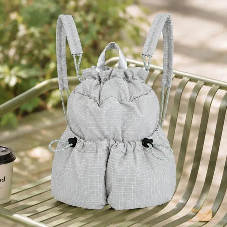 Tas Ransel Wanita Bahan Oxford Motif Grid Warna Hijau Bentuk Bulat Tali Serut Grosir Import