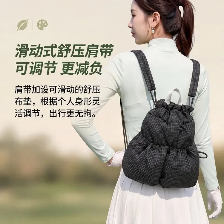 Tas Ransel Wanita Bahan Oxford Motif Grid Warna Hijau Bentuk Bulat Tali Serut Grosir Import