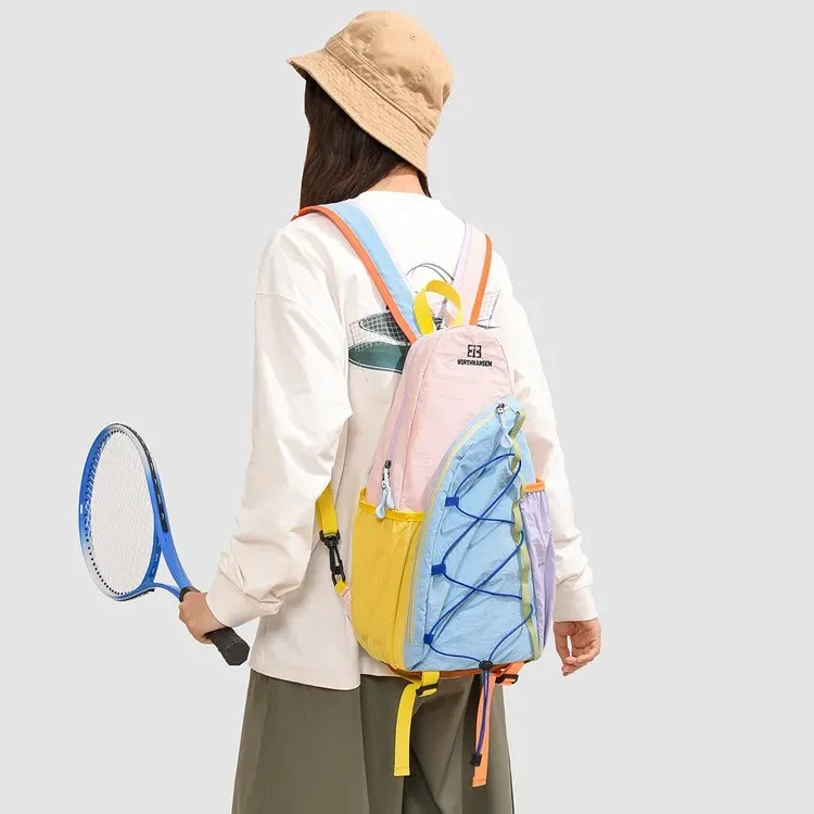 Tas Ransel Wanita Bahan Nylon Polos Warna Pink Bentuk Kotak Tali Lebar Resleting untuk Reseller